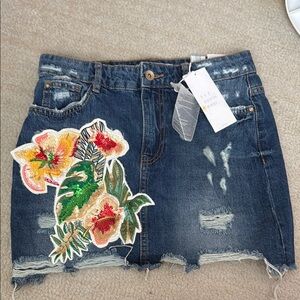 Denim Mini Skirt with Floral Patch
